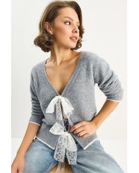 Bianco Lucci - Knit V-Neck Cardigan With Lace Tie Closure - Lyst
