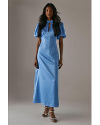 Warehouse - Rose Satin Jacquard Puff Sleeve Tie Back Midi Dress - Lyst
