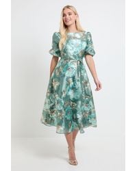 Wallis - Petite Floral Organza Puff Sleeve Midi Dress - Lyst