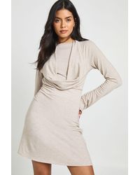 Boohoo - Marl Halterneck Cowl Long Sleeve Mini Dress - Lyst
