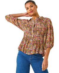 Roman - Shirred Printed Front Button Blouse - Lyst