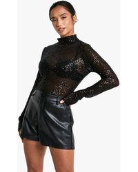 Boohoo - Petite Sequin High Neck Long Sleeved Top - Lyst