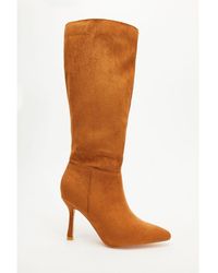 Quiz - Tan Faux Suede Knee High Heeled Boots - Lyst