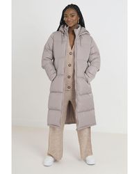 Brave Soul - Stone 'cello' Maxi Length Padded Jacket With Fixed Hood - Lyst