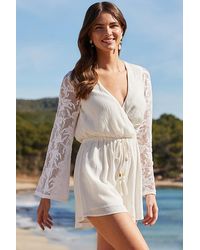 Sosandar - Ivory Crochet Flared Sleeve Wrap Playsuit - Lyst