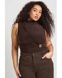 Boohoo - Plus Ruched Drape Trim Sleeveless Bodysuit - Lyst