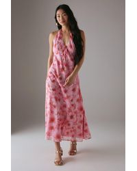 Warehouse - Petite Chiffon Bias Tie Front Low Back Halter Midi Dress - Lyst