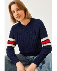 Bianco Lucci - Patterned V-Neck Fitted Knit Sweater - Lyst