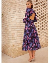 Chi Chi London - Long Sleeve V Neck Floral Print Midi Dress - Lyst