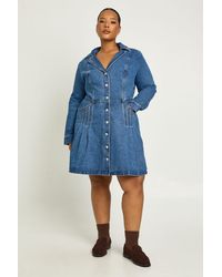 Boohoo - Plus Collared Button Down Long Sleeve Denim Mini Dress - Lyst