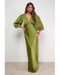 Oasis - Satin V Neck Balloon Sleeve Bias Midi Dress - Lyst