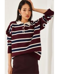 Bianco Lucci - Striped Polo Collar Knit Sweater - Lyst