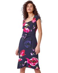 Roman - Floral Frill Premium Stretch Ruched Dress - Lyst