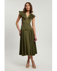 Karen Millen - Cotton Poplin Pleat Detail Woven Midi Dress - Lyst