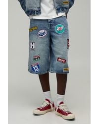 BoohooMAN - Moto Badge Longline Denim Jorts - Lyst