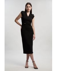 Karen Millen - Ponte V Neck Tab Detail Midi Dress - Lyst