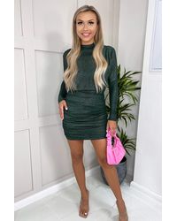 AX Paris - Long Sleeve Ruched High Neck Shimmer Bodycon Mini Dress - Lyst