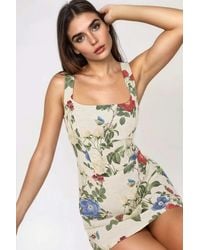 Hiccup - Square Neck Flower Pattern Linen Feel Mini Dress - Lyst