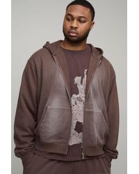 BoohooMAN - Plus Oversized Boxy Zip Through Spray Washed Hoodie - Lyst