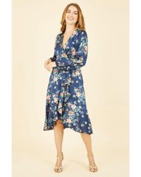 Mela London - Long Sleeve Floral Print Satin Wrap Dress - Lyst