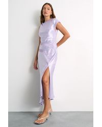 Warehouse - Asymetric Satin And Lace Detail Midi Dress - Lyst
