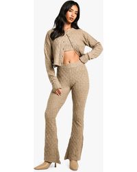 Boohoo - Petite Soft Cable Knitted Cardigan, Crop Top And Flare Leg Trouser 3 Piece Set - Lyst