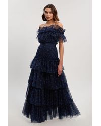 Karen Millen - Polka Dot Tulle Layered Off The Shoulder Maxi Dress - Lyst