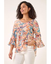 Roman - Geometric Print Flute Sleeve Top - Lyst