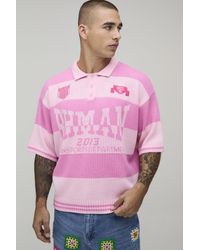 BoohooMAN - Oversized Varsity Jacquard Striped Knitted Polo - Lyst