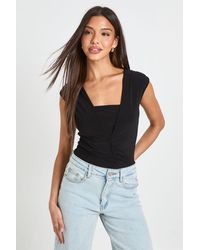 Boohoo - Slinky Ruched V Neck Bodysuit - Lyst