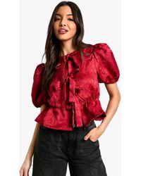 Boohoo - Textured Jacquard Tie Front Puff Sleeve Smock Top - Lyst