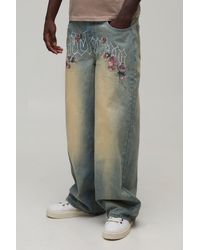 BoohooMAN - Floral Crotch Embroidered Baggy Fit Jeans - Lyst