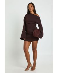 Boohoo - Flared Sleeve Off The Shoulder Ruched Mini Dress - Lyst