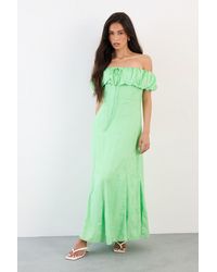 Warehouse - Viscose Satin Jacquard Bardot Godet Insert Milkmaid Midi Dress - Lyst