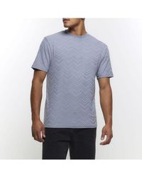 River Island - T-shirt Blue Slim Fit Chevron Texture Cotton - Lyst
