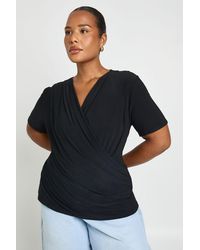 Boohoo - Plus Double Layer Slinky Super Cowl Neck Short Sleeve Ruched Top - Lyst