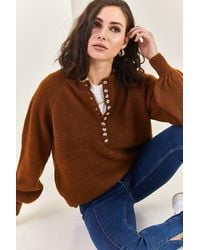 Bianco Lucci - Button Collar Relaxed Fit Knit Sweater - Lyst