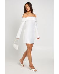 Boohoo - Tall Satin Structured Bardot Mini Dress - Lyst