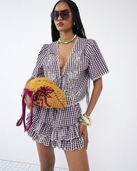 River Island - Tie Front Top Gingham Short Sleeve Cotton - Lyst