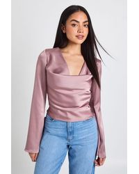 Boohoo - Long Sleeve Satin Cowl Neck Top - Lyst