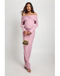 Boohoo - Maternity Bardot Ruched Flare Sleeve Maxi Dress - Lyst