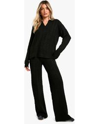 Boohoo - Soft Cable Knit Polo Collar Jumper And Wide Leg Trouser Co-Ord - Lyst
