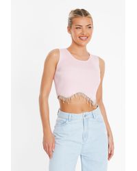 Quiz - Diamante Trim Crop Top Material_Cotton - Lyst