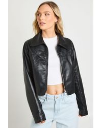 Boohoo - Petite Cinched Waist Faux Leather Jacket - Lyst