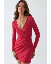 Busem - V-Hals Wrap-Stijl Lange Mouwen Geplooide Mini Jurk - Lyst