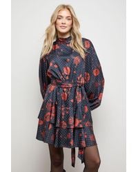 Oasis - High Neck Printed Long Sleeve Mini Dress With Belt - Lyst
