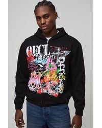 BoohooMAN - Oversized Boxy Graffiti Doodle Printed Zip Through Hoodie Cotton - Lyst