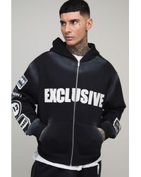 BoohooMAN - Tall Oversized Boxy Zip Through Moto Applique Spray Wash Hoodie - Lyst
