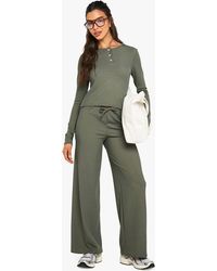 Boohoo - Rib Button Up Long Sleeve Crop Top And Drawstring Trouser Set - Lyst