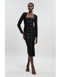 Karen Millen - Figure Form Woven Mix Military Button Blazer Knit Midi Dress - Lyst